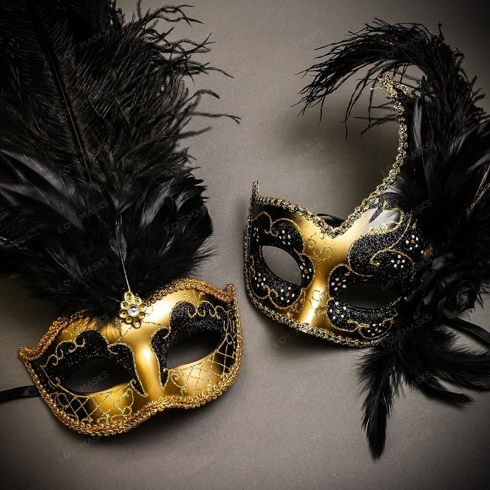 Gold Black Side Feather Glitter & Gold Black Mardi Gras Top Feather Combo Masks